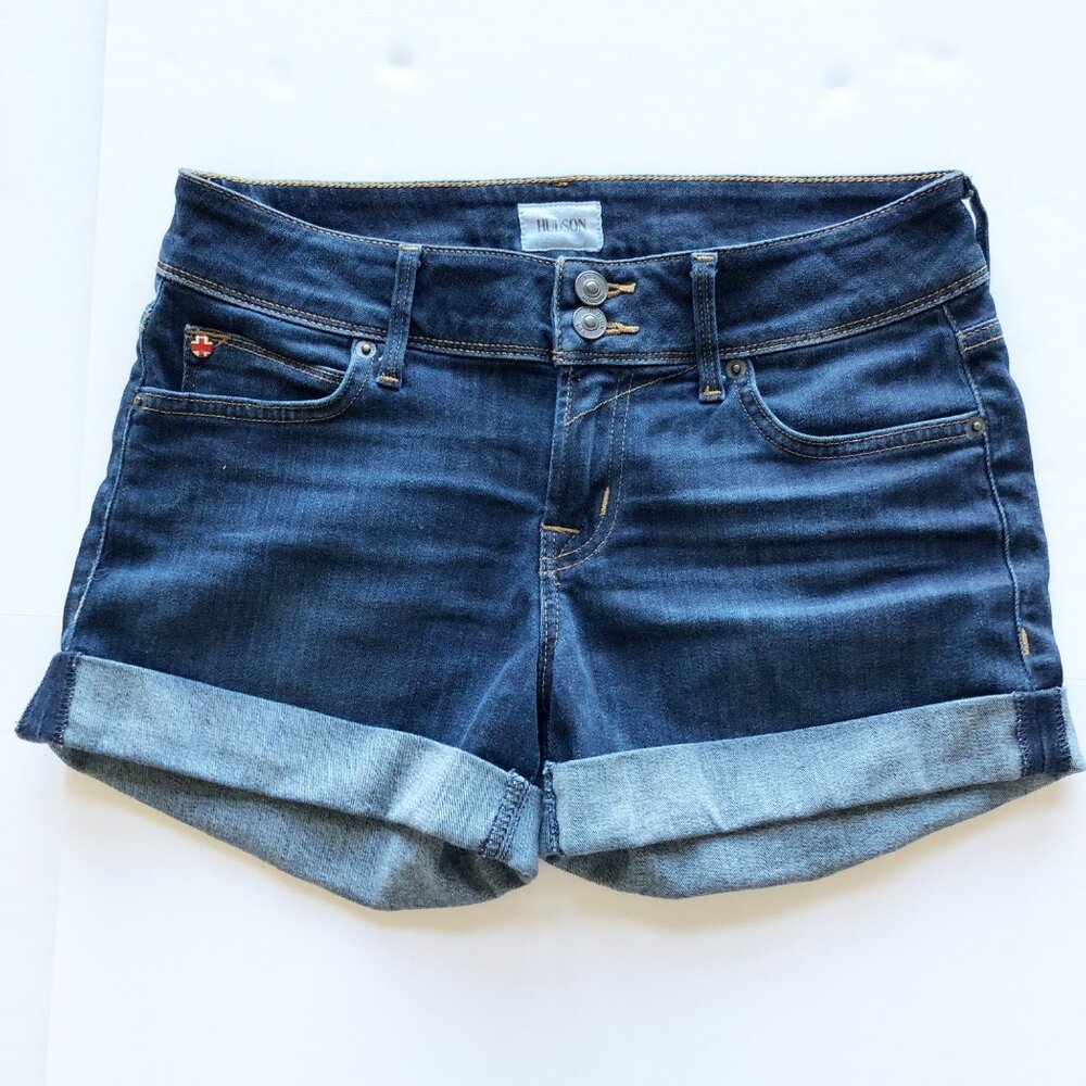 HUDSON Croxley Mid Thigh Dark Wash Rolled Hem Shorts Womens 26 - Picture 2 of 10